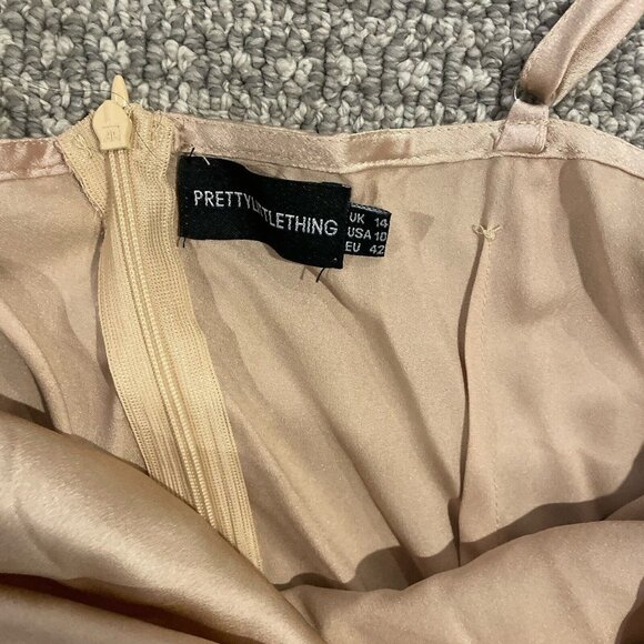 PrettyLittleThing Dress Womens 10 Rust Cowl Neck Satin Midi Tan Slit Nude - Picture 3 of 6